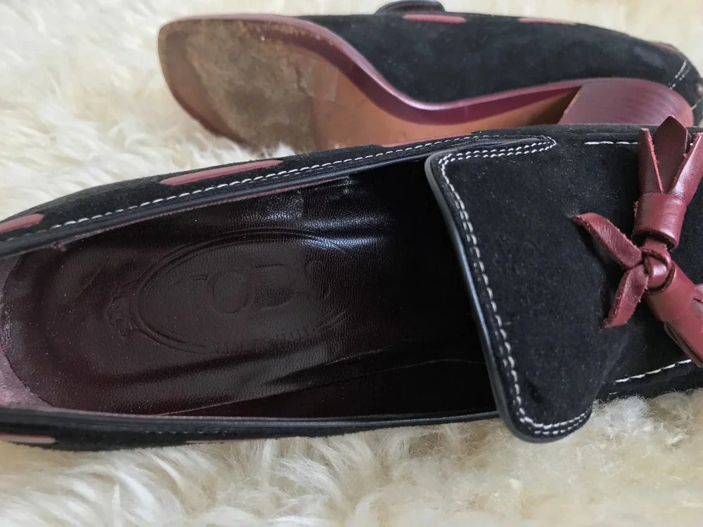 Tods Suede Kiltie Tassel Loafer Pumps Black Red Block Heel 36 US 6 Made in Italy